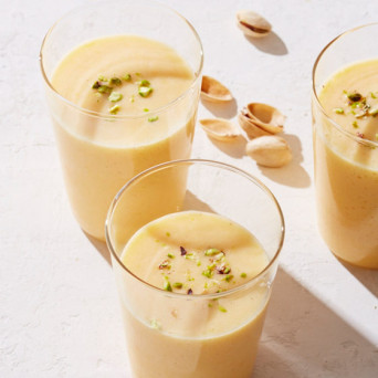 Recipes with Peaches: Peach Rosewater Lassi with Cardamom