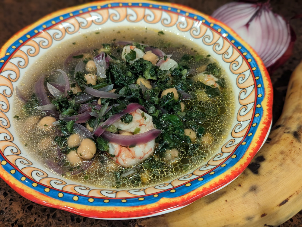 Recipes with Shrimp: Shrimp, Plantain & Spinach Soup with Chickpea